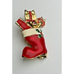 Vintage Signed AAi Christmas Stocking w/ Presents Gold Tone + Enamel Brooch Pin